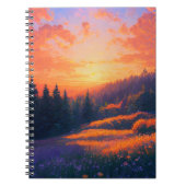 森に沈むオレンジ色の威厳のある夕日 ノートブック (正面)