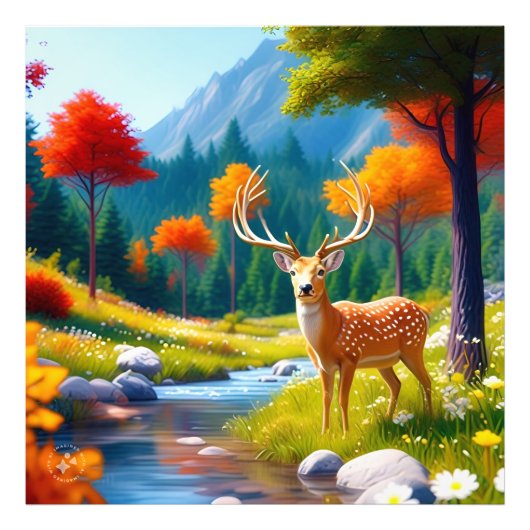 森に立つ黄金の鹿 フォトプリント            (正面)