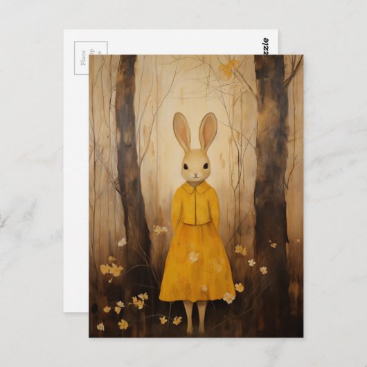 森のはがきに黄色いドレスを着たウサギ ポストカード (正面/裏面)