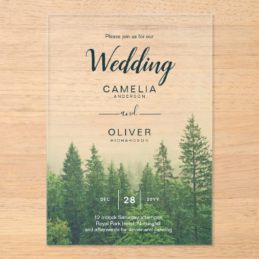 森のアクリルの結婚式で松の木の霧を招く アクリル招待状 (正面)