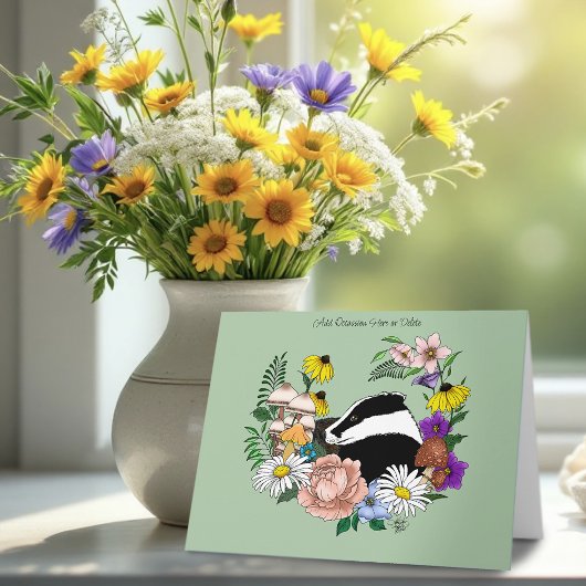 森のアナグマ 野の花 きのこ セージグリーン カード
