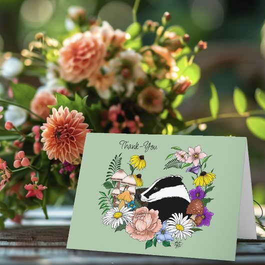 森のアナグマ 野の花 きのこ セージグリーン サンキューカード