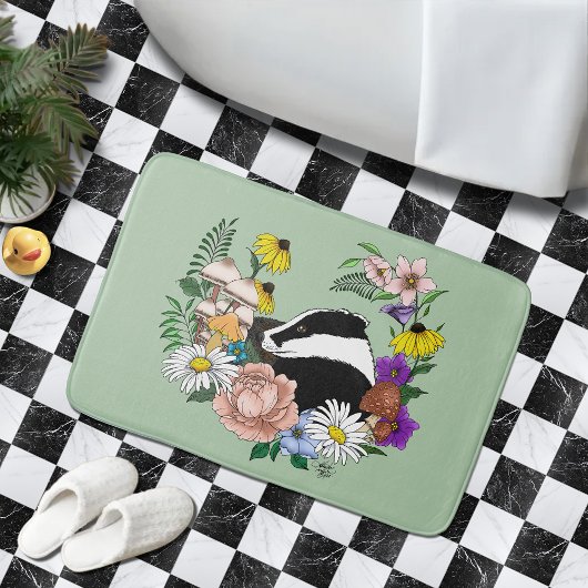 森のアナグマ 野の花 きのこ セージグリーン バスマット