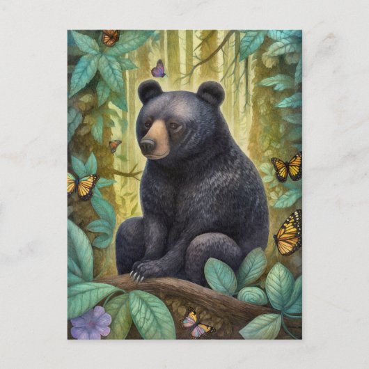 森のアートはがきに黒いクマ ポストカード (正面)