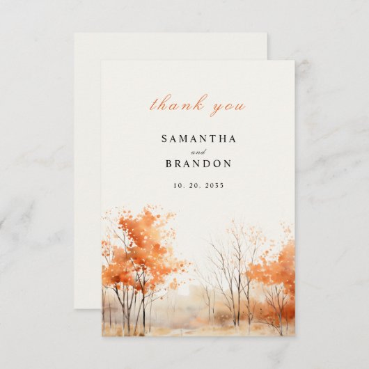 森のウェディング。紅葉の森での結婚式のお礼 サンキューカード (正面/裏面)