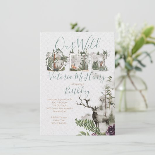森のウッドランドウォーターカラーワイルドワンバースデーパーティー 招待状 (スタンド正面)