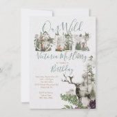 森のウッドランドウォーターカラーワイルドワンバースデーパーティー 招待状 (正面)