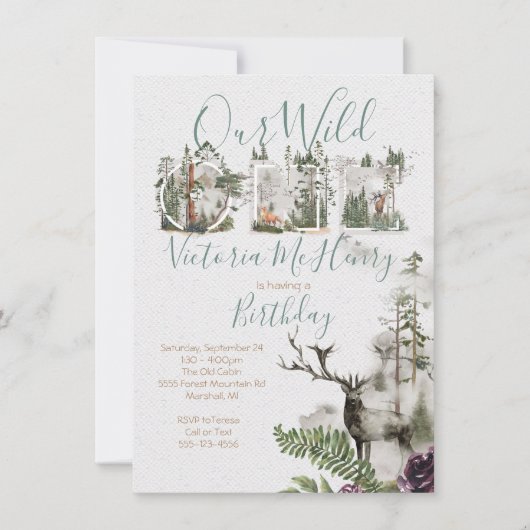 森のウッドランドウォーターカラーワイルドワンバースデーパーティー 招待状 (正面)