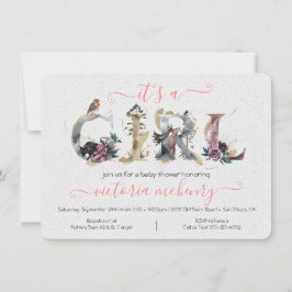 森のウッドランド水彩少女ベビーシャワー 招待状