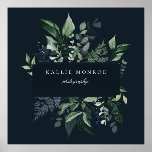 森のエレガント葉の枠ダークブルーのビジネス ポスター (正面)