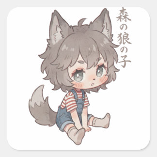 森のオオカミの子供ちびステッカー スクエアシール