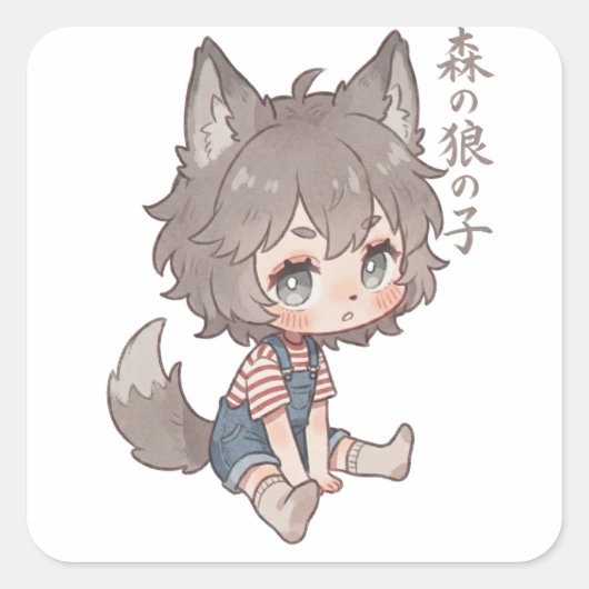 森のオオカミの子供ちびステッカー スクエアシール (正面)
