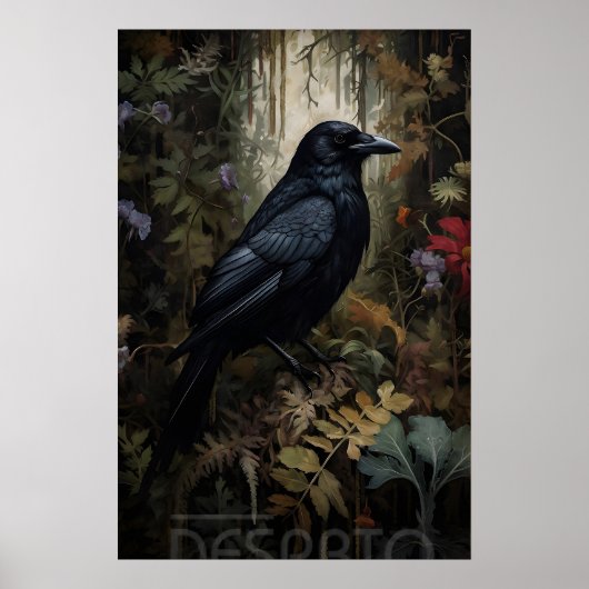 森のカラスのプリント、壁に飾るワタリガラスの肖像画 ポスター (正面)