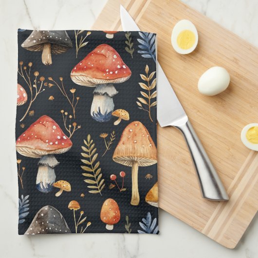 森のキノコとワ fern  キッチンタオル (四つ折り)
