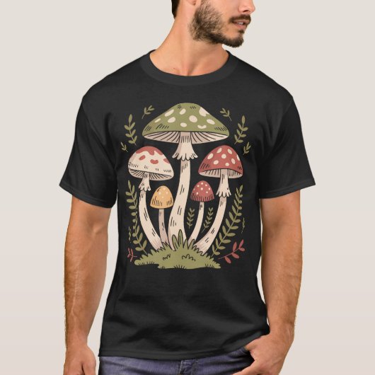 森のキノコの群れ　植物画　フォークアート Tシャツ (正面)