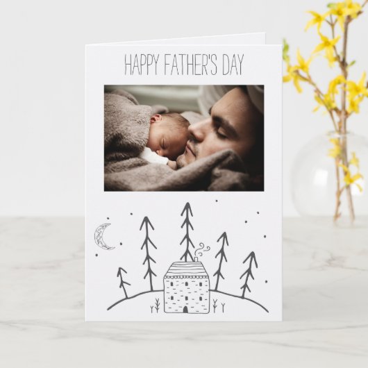 森のキャビンの月のお父さんの日と写真 カード (黄色い花)
