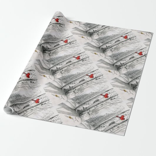 森のギフト用包装紙の（鳥）ショウジョウコウカンチョウ ラッピングペーパー (アンロールド)