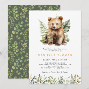 森のクマの赤ちゃん   現代的なニュートラルなベビーシャワー 招待状