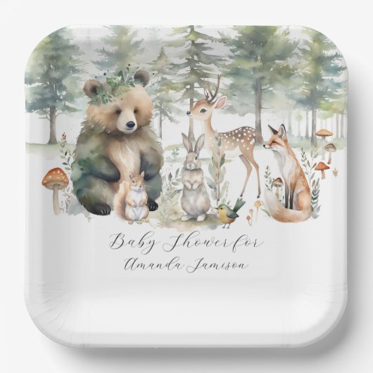 森のクマ鹿の森かわいい動物の赤ちゃんシャワー ペーパープレート (正面)