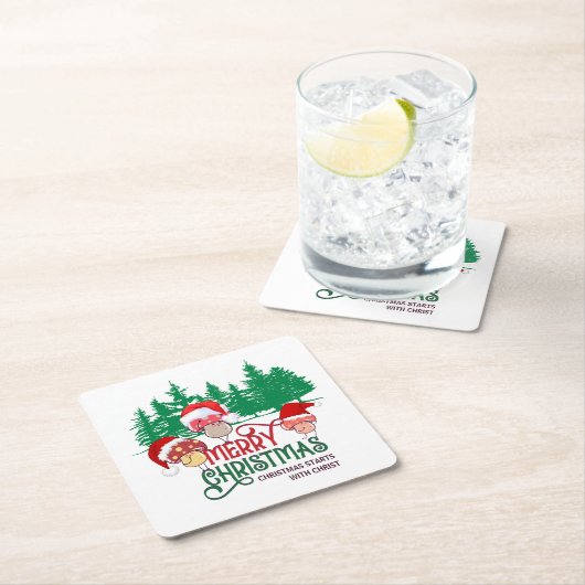 森のクリスチャン・メリークリスマス・キノコ スクエアペーパーコースター (インサイチュ)