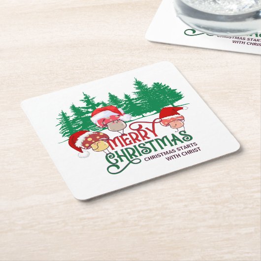 森のクリスチャン・メリークリスマス・キノコ スクエアペーパーコースター (アングル)