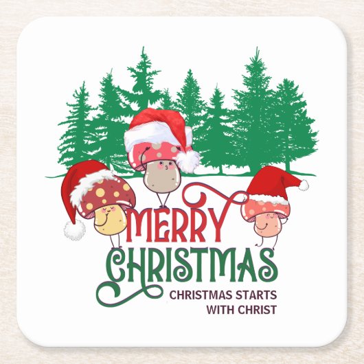森のクリスチャン・メリークリスマス・キノコ スクエアペーパーコースター (正面)