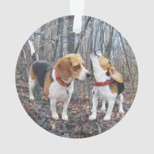 森のクリスマスのオーナメントの遠ぼえのビーグル犬 オーナメント