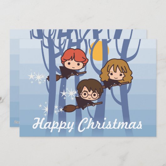 森のクリスマスのハリー、Ron、及びHermioneの飛行 シーズンカード (正面/裏面)