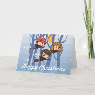 森のクリスマスのハリー、Ron、及びHermioneの飛行 シーズンカード