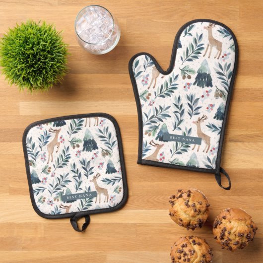 森のクリスマスの水彩トナカイ 鍋つかみ&鍋敷きセット (トップダウン)