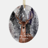森のクリスマスオーナメントで鹿の水色バック セラミックオーナメント (右)
