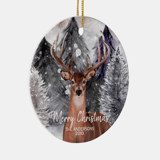 森のクリスマスオーナメントで鹿の水色バック セラミックオーナメント (右)