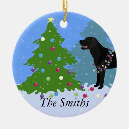 森のクリスマスツリー飾のブラックラボ セラミックオーナメント (正面)