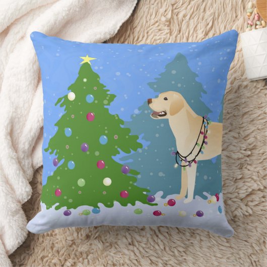 森のクリスマスツリー飾のホワイトラボ クッション (ブランケット)