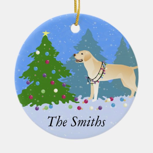 森のクリスマスツリー飾のホワイトラボ セラミックオーナメント (正面)