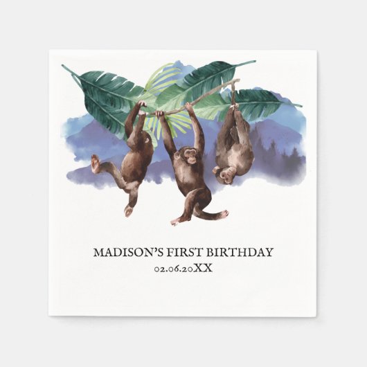 森のサル 誕生日 パーソナライズ スタンダードカクテルナプキン (正面)