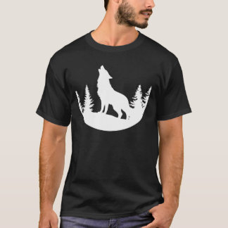 森のシルエットに吠える狼 ブラック+ Tシャツ
