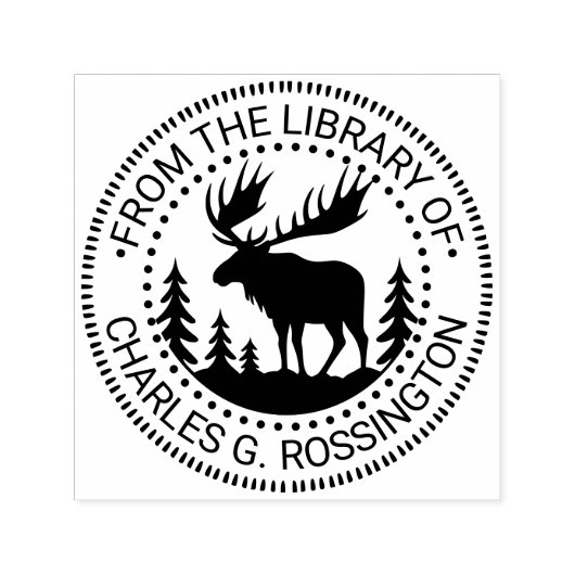 森のシルエットのヘラジカ 図書館の本の名前 セルフインキングスタンプ (デザイン)