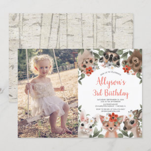 森のジャングルのかわいい動物の女の子の誕生日写真 招待状