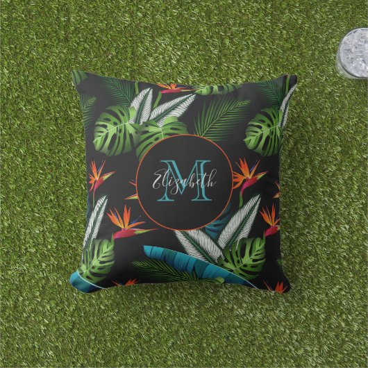 森のジャングルの緑の葉葉の黒色 アウトドアクッション (芝生)