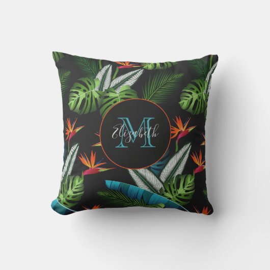 森のジャングルの緑の葉葉の黒色 アウトドアクッション (正面)