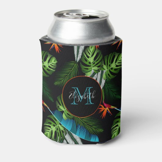 森のジャングルの緑の葉葉の黒色 缶クーラー (缶裏面)