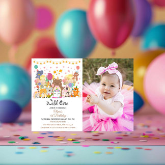 森のジャングル ワイルドワン 女子 1歳の誕生日パーティー 招待状