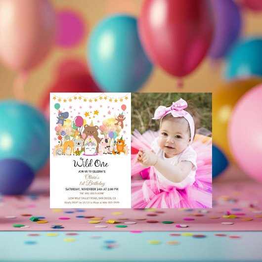 森のジャングル ワイルドワン 女子 1歳の誕生日パーティー 招待状