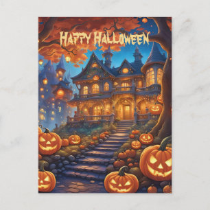 森のスプーキーな別荘、かぼちゃ、ハロウィン ポストカード