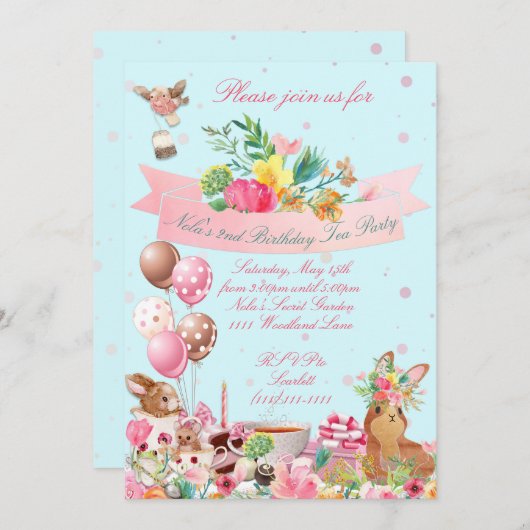 森のティーパーティー招待状、アニマル ティーパーティー 招待状 (正面/裏面)