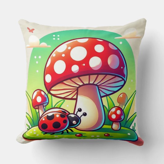 🐞 森のテントウムシとキノコの牧場のデコレーション 🐞 クッション (正面)