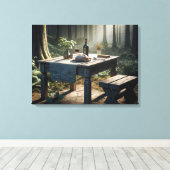 森のテーブルの上にパンとワインの負荷 キャンバスプリント (インサイチュ (ウッドフロア))