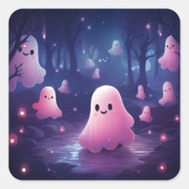 森のハロウィーンかわいいピンクの幽霊 スクエアシール