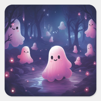森のハロウィーンかわいいピンクの幽霊 スクエアシール